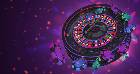 Green, blue, purple poker chips, tokens with black neon casino roulette wheel on dark background with reflection. Vector illustration for casino, game design, advertising