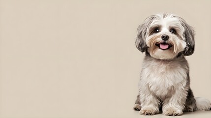A playful Havanese dog with a fluffy coat sitting on a light solid color background, showcasing its lively personality