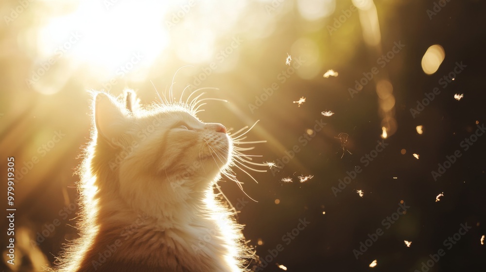 Aufkleber a cat basks in the soft sunlight, its fur glowing as it gazes at the sky, surrounded by floating par