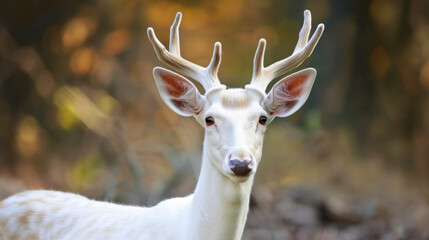 A beautiful adult albino deer roaming it's natural habitat.  A rare animal with three-point antlers.