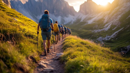 Group hiking on a mountain trail, enjoying nature and physical activity as part of the retreat