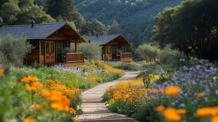 Fototapeta premium Wellness retreat center with cozy cabins surrounded by trees and flowers, offering a peaceful escape