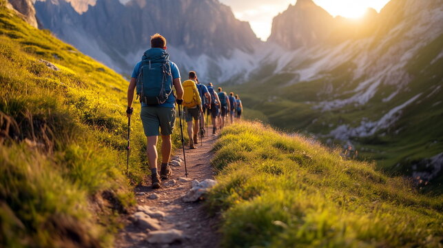 Group hiking on a mountain trail, enjoying nature and physical activity as part of the retreat