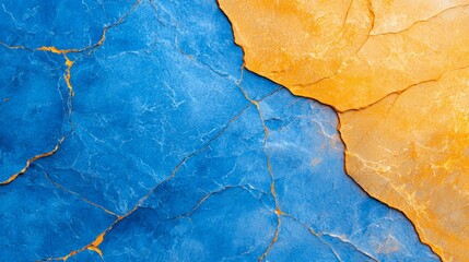 Fototapeta premium A detailed look at a tri-colored surface - blue, yellow, orange - featuring a central crack