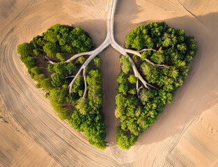 top view with a green forest in the shape of lungs, representing the lungs of the planet