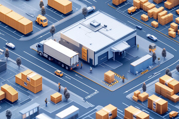 Isometric illustration of a bustling global logistics network with cargo transport and urban infrastructure