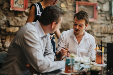 Three colleagues interact in a casual setting, discussing ideas and collaborating on a project. The environment is relaxed and informal, emphasizing teamwork and creativity over drinks.