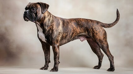 A majestic Kai Ken dog standing proudly on a smooth light-colored surface, showcasing its unique brindle coat and alert expression