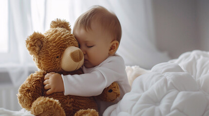 A baby hugging a soft teddy bear with innocence and affection peaceful expression, radiating warmth and comfort