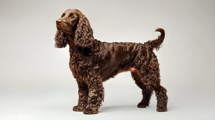 A playful American Water Spaniel standing on a light solid color background, showcasing its curly coat and expressive eyes