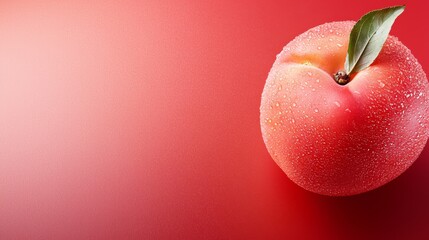  A red apple with a green leaf protruding from its center and water droplets on its surface