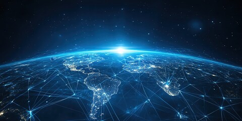 Connected Earth A dark, futuristic scene with a digital map of the world, glowing blue with lines of connection across continents