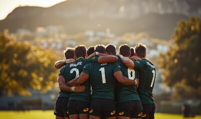 Rugby team embracing in a supportive gesture on the field at sunrise, showcasing team unity and sportsmanship