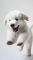 A playful Kuvasz puppy frolicking in a light solid color environment, capturing its youthful energy and fluffy fur