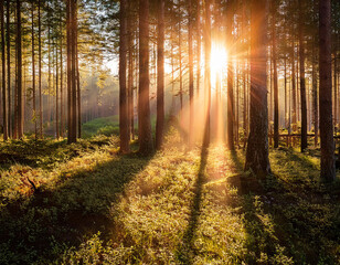 Fototapeta premium the sun shines through the trees in the sunrise foggy forest sunshine
