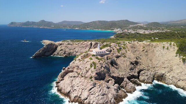 Aerial view of Capdepera Lighthouse on Rocky Coast, Palma de Mallorca