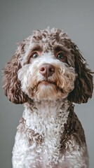 A close-up portrait of a Lagotto Romagnolo dog with a light solid color background, emphasizing its unique facial features and curly fur