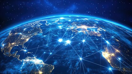 Global network connecting cities and continents, representing interconnectedness and communication.