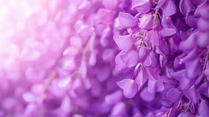  A tight shot of several purple blossoms on a tree against a radiant background