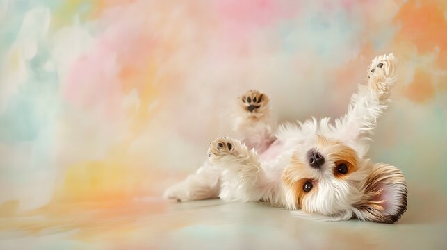 A playful Lowchen dog lying on its back, paws in the air, with a soft pastel background that enhances its adorable features