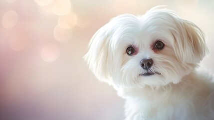 A close-up portrait of a Maltese dog with a sweet expression, against a soft pastel backdrop, highlighting its delicate features