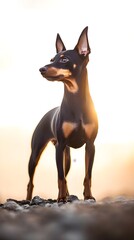 A Manchester Terrier standing proudly, with a soft focus on its muscular build against a minimalistic light background