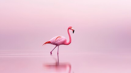 Fototapeta premium A pink flamingo stands in the mirror-like water, its image perfectly reflected below