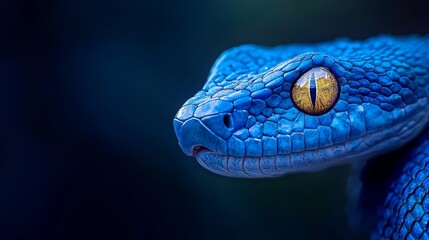 Fototapeta premium A tight shot of a blue snake's head exhibiting a yellow pupil in its eye