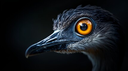 Fototapeta premium A tight shot of a bird's face reveals an orange eye situated at its center