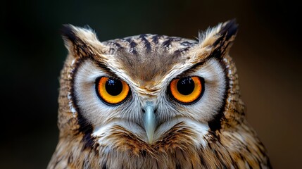 Obraz premium A tight shot of an owl's face reveals an orb-like eye, colored orange and yellow, at its center