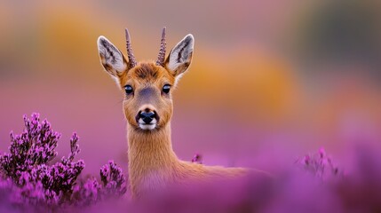  A tight shot of a deer among flowers, purple blooms at the forefront, background softly blurred