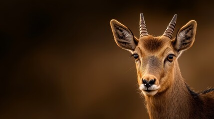 Fototapeta premium A tight shot of a deer's face with a softly blurred background and a pitch-black backdrop