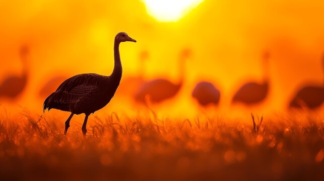  A flock of birds atop a grassy field faces a yellow-orange sky, with the sun setting behind - Powered by Adobe