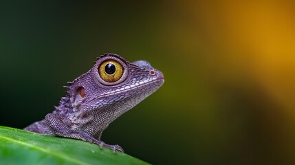 Obraz premium A tight shot of a lizard on a verdant leaf against a softly blurred background Its yellow and brown eye gazes intently