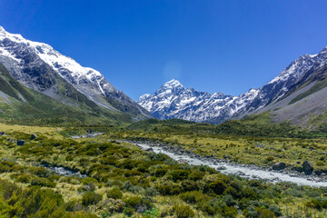 Lake Pukaki & Lake Tekapo Views with Lupin Fields, Hooker Valley Track, Southern Alps, Mt Cook Mountains Glacial Rivers, Snow-Capped Peaks, Scenic Trails, Landscape New Zealand’s Canterbury Queenstown