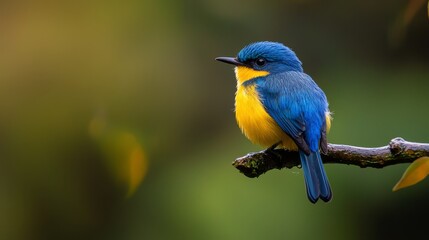 Obraz premium A small blue-and-yellow bird perches on a tree branch, surrounded by leafy foliage in the foreground Background softly blurred