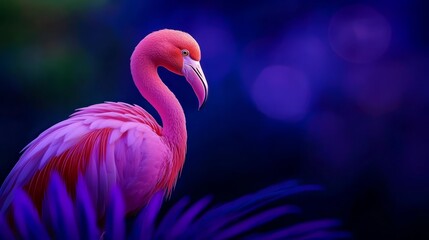  A pink flamingo poses before a backdrop of blue and purple, with a palm tree in the near foreground