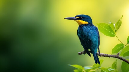 Fototapeta premium A blue bird perched on a green branch against a hazy backdrop of greens and yellows