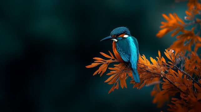 A bird sits atop a tree branch, its head adorned by another bird with blue-orange plumage