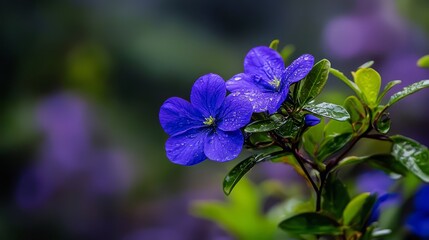  A tight shot of a blue bloom dotted with water beads on its petals In the backdrop, a green leafy branch adorned with purple blossoms