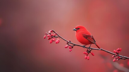  A red bird perches on a tree branch, surrounded by red flowers against a red and black backdrop