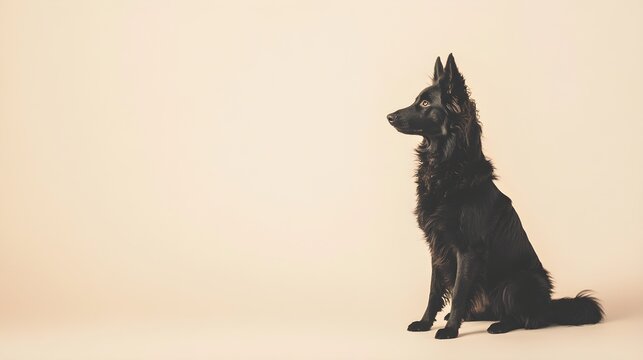 A Mudi dog sitting gracefully on a light solid color background, showcasing its distinctive curly coat and alert expression