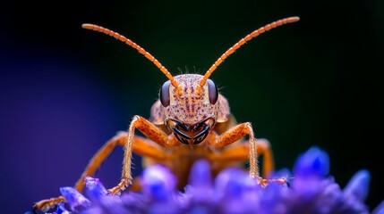  A tight shot of a bug on a purple flower with a soft, indistinct background