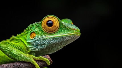 Obraz premium A tight shot of a green chameleon on a branch, eyes fixated, against a backdrop of unyielding black