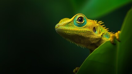 Fototapeta premium A tight shot of a chameleon perched on a plant with verdant leaves against a sable backdrop