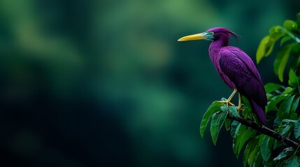 Fototapeta premium A purple bird perched on a tree branch against a dark green backdrop, its yellow beak contrasting vividly