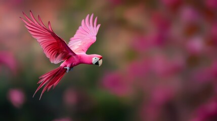  A pink parrot flies in the air, wings spread out, head turned to the side