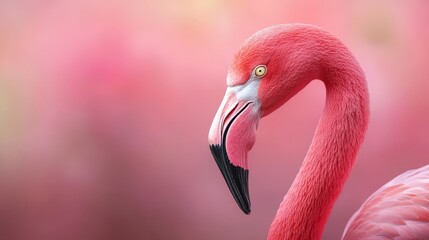 Fototapeta premium A tight shot of a pink flamingo against a hazy backdrop, with an indistinct background and blurred sky