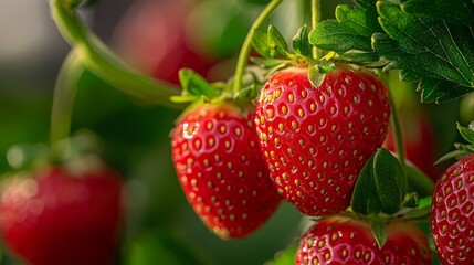  A tight shot of strawberries growing on a plant, adorned with green foliage, against a softly blurred background