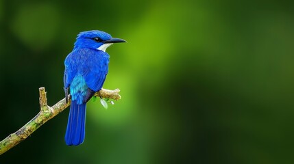 Obraz premium A blue bird perched on a tree branch against a backdrop of a green forest with blurred edges